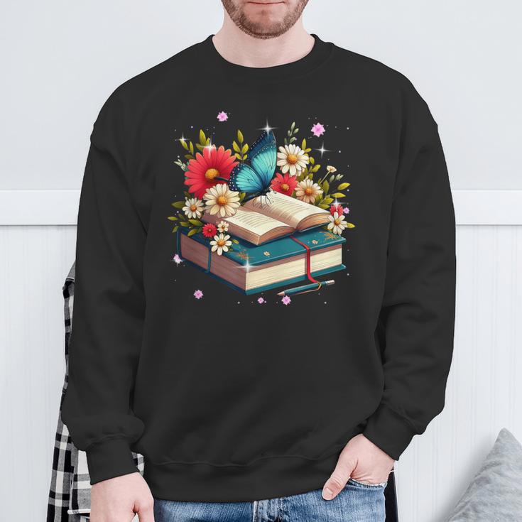 Book Flowers And Butterfly Beautiful Reading Reader Sweatshirt Gifts for Old Men