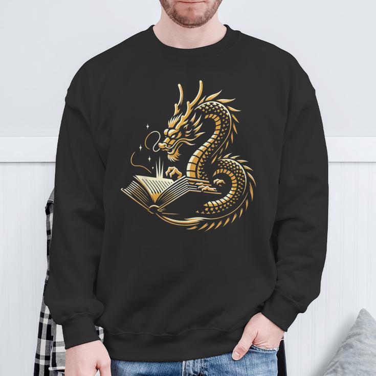 Book Lovers Dragon Fantasy Art Mythical Creatures Yellow Bookworm Chinese Dragon Sweatshirt Gifts for Old Men