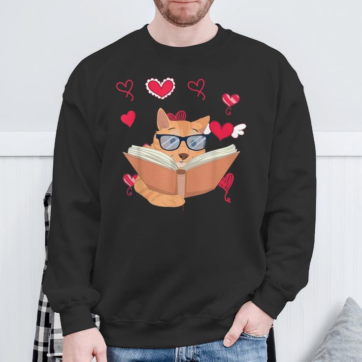 Book Nerd Heart Library Cat Bookworm Animal Pet Book Reading Sweatshirt Gifts for Old Men