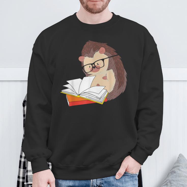 Book Reading Bookworm Forest Animal Wildlife Cute Hedgehog Sweatshirt Gifts for Old Men