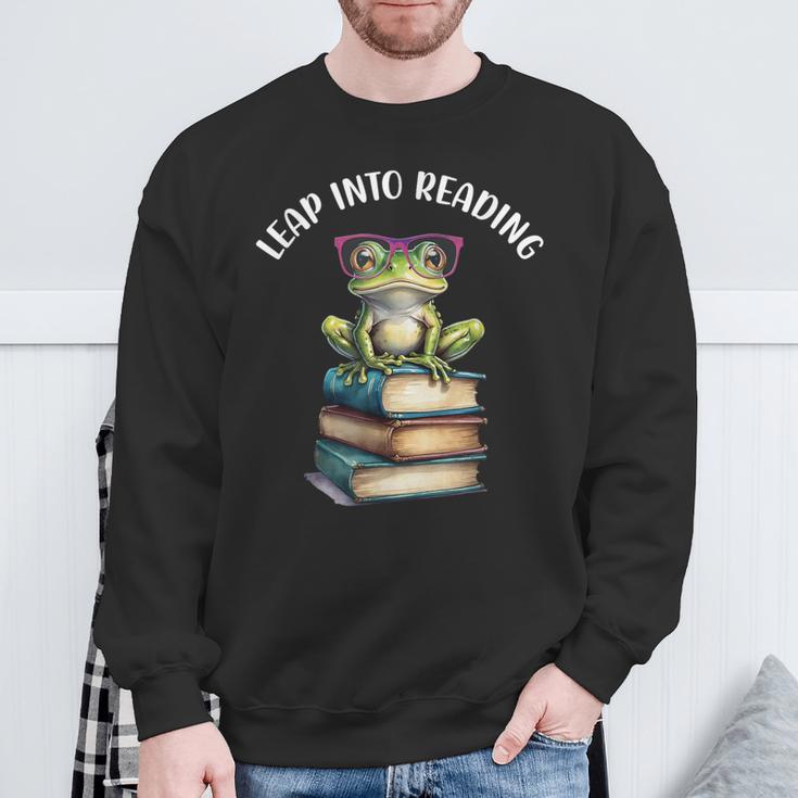 Book Reading Cute Frog Leap Into Reading Sweatshirt Gifts for Old Men
