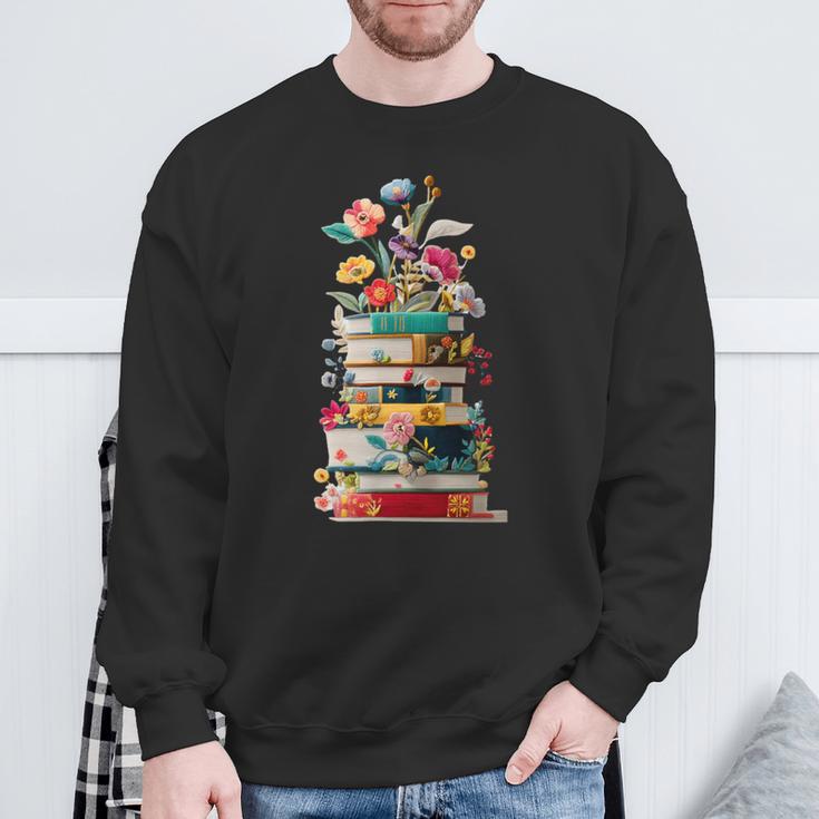Book Stack With Flowers Reading Lover Bookish Sweatshirt Gifts for Old Men