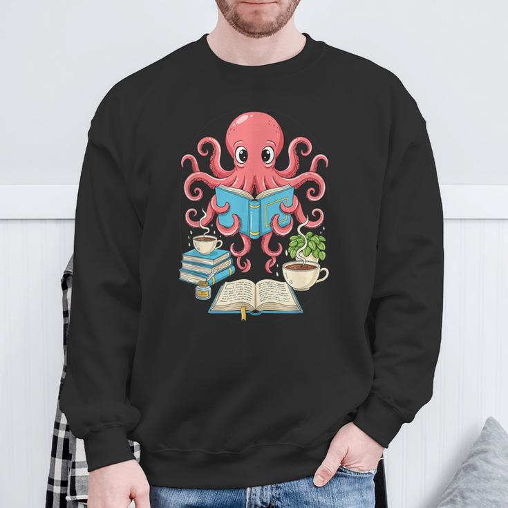 Bookish Octopus Reading Books And Coffee Literary Lover Art Sweatshirt Gifts for Old Men