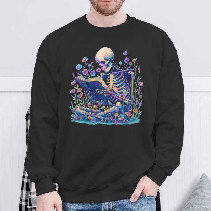 Bookish Skeleton Reading In Wildflowers Book Lover Bookworm Sweatshirt Gifts for Old Men