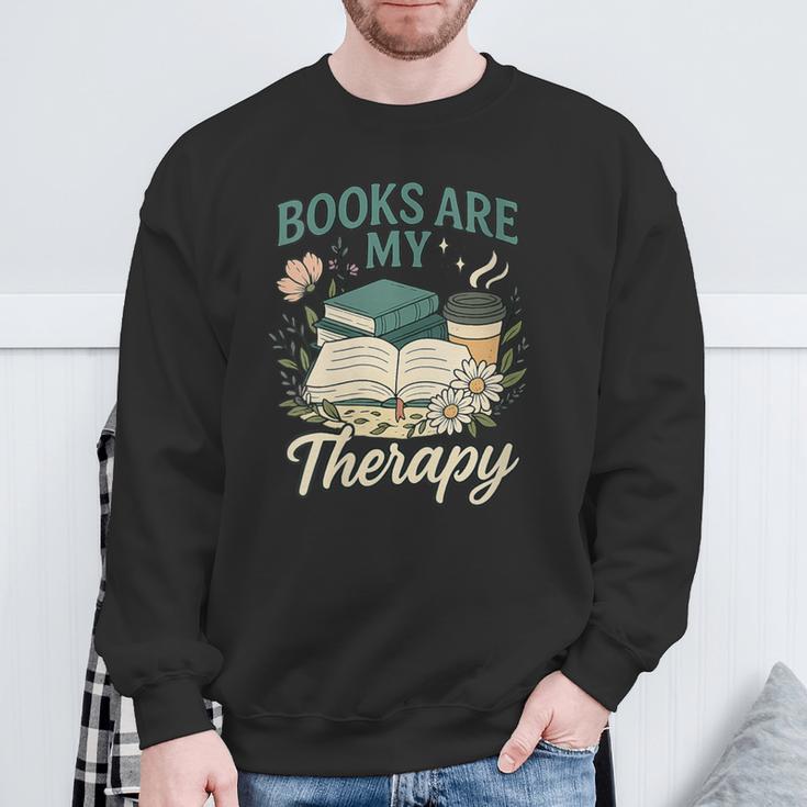 Books Are My Therapy Cozy Book Lover Reading & Coffee Sweatshirt Gifts for Old Men