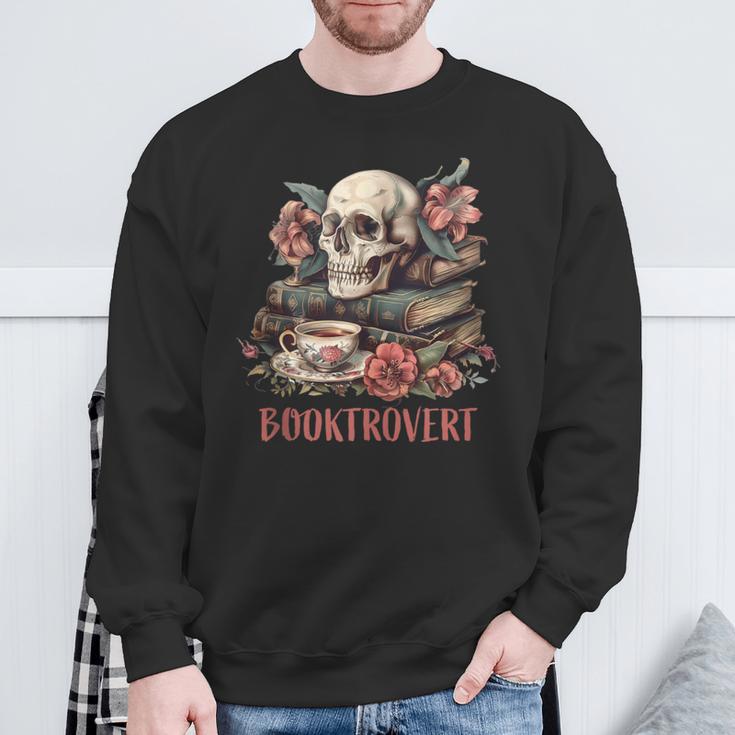 Booktrovert Skull Books Tea Flower Gothic Bookworm Bookish Sweatshirt Gifts for Old Men