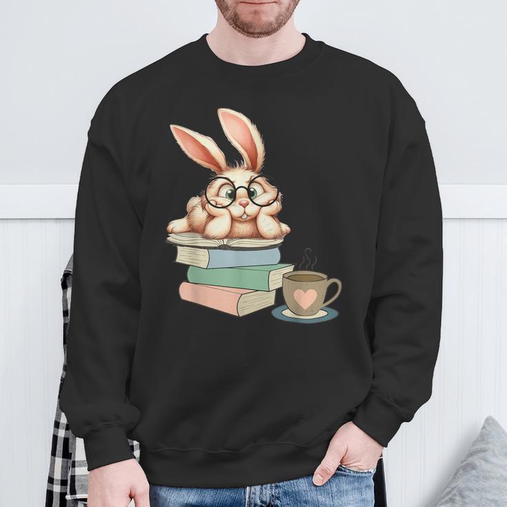 Bunny With Books And Coffee Reading Booknerd Bookish Easter Sweatshirt Gifts for Old Men