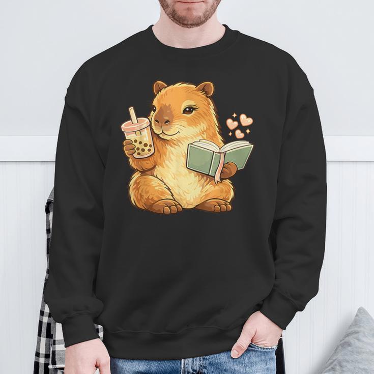 Capybara Reading a Book With Bubble Tea Sweatshirt Gifts for Old Men