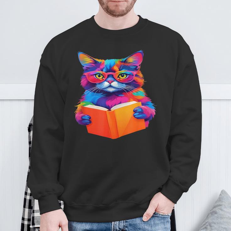 Cat Book Shirt Colorful Cat Reading Book Sweatshirt Gifts for Old Men