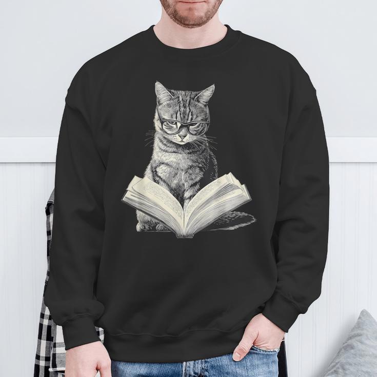 Cat Bookworm Reading Book Graphic Sweatshirt Gifts for Old Men