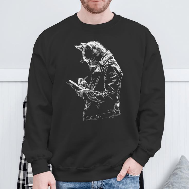Cat Holds Book Writing Animal Print Motif Drawing Art Cat Sweatshirt Gifts for Old Men