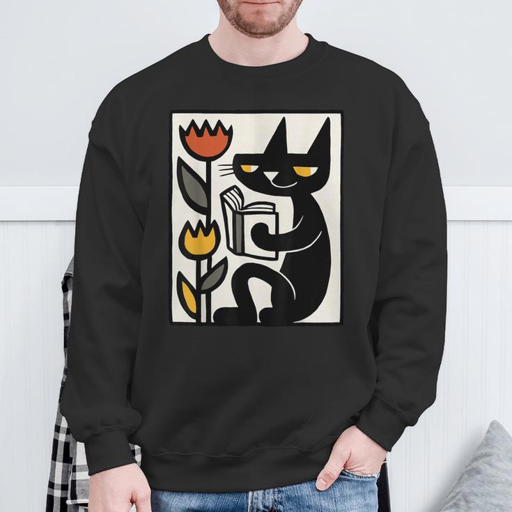 Cat Reading Book Folk Art Cozy Illustration Sweatshirt Gifts for Old Men
