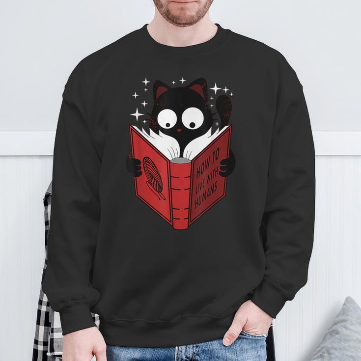 Cat Reads Book How To Live With Humans Sweatshirt Gifts for Old Men