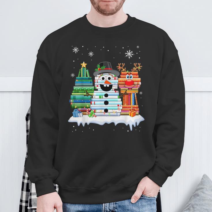 Christmas Tree Snowman Reindeer Book Stack Tee Librarian Sweatshirt Gifts for Old Men