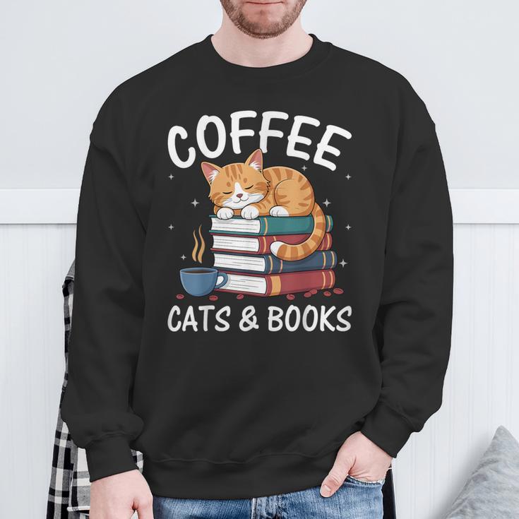 Coffee Cats And Books Cute Kitten Reading Sweatshirt Gifts for Old Men