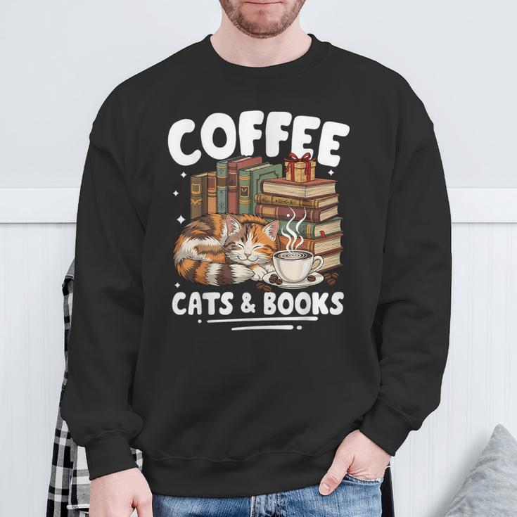 Coffee Cats And Books Cats And Reading Lovers Sweatshirt Gifts for Old Men