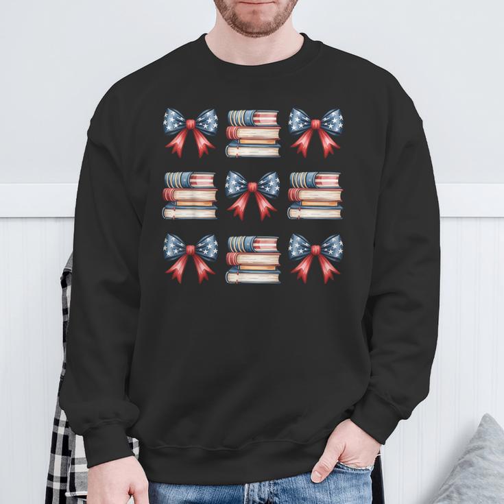 Coquette Bow Book US Flag 4th Of July Librarian Bookworm Sweatshirt Gifts for Old Men