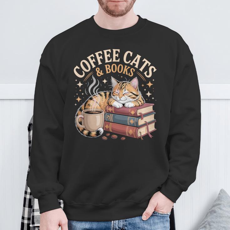 Cozy Reading Cat Coffee And Books Lover Artwork Sweatshirt Gifts for Old Men
