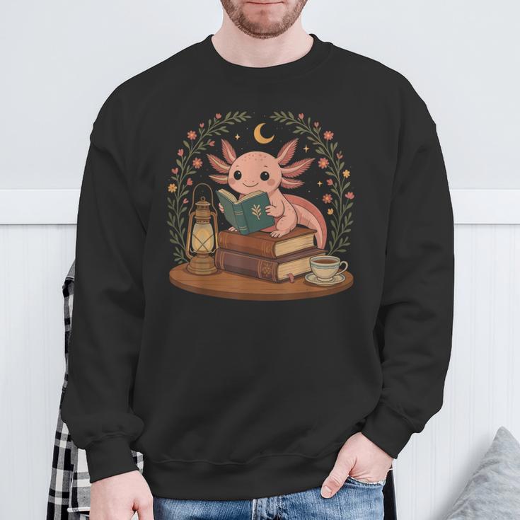 Cute Axolotl Reading Books Cozy Bookworm Sweatshirt Gifts for Old Men