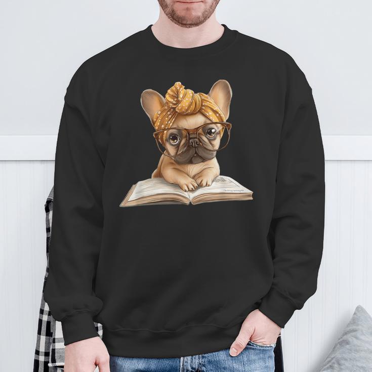 Cute Bulldog Reading Dog Book Lover Animal Graphic French Sweatshirt Gifts for Old Men