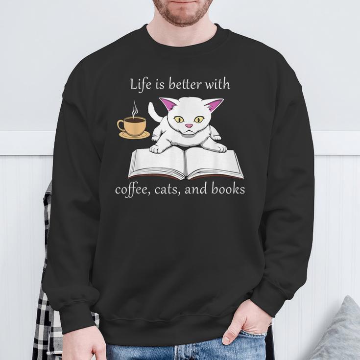 Cute Cat Book Reading Coffee Sweatshirt Gifts for Old Men