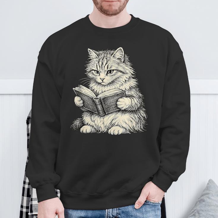 Cute Cat Reading Book Classic Bookworm Animal Pet Lover Sweatshirt Gifts for Old Men