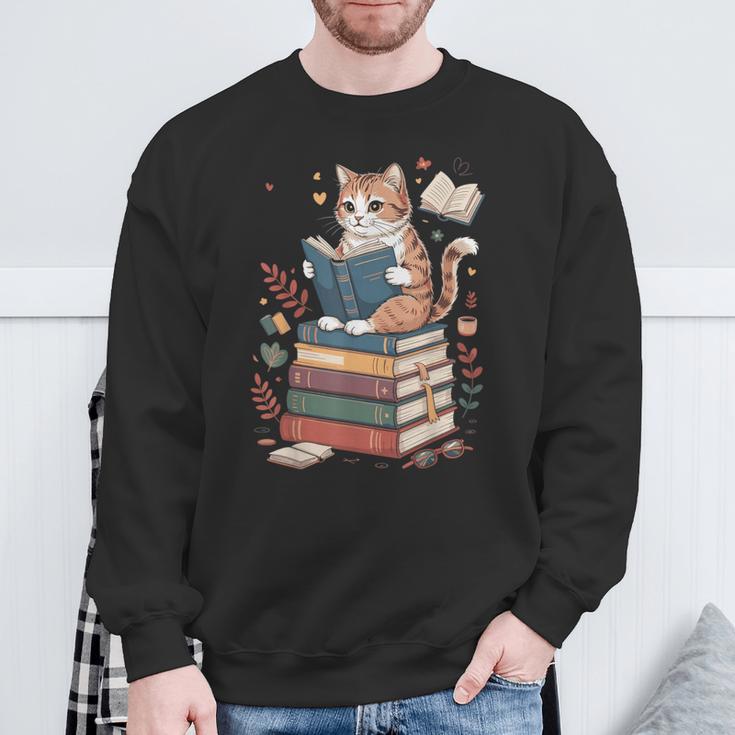 Cute Cat Reading Books With Tea Sweatshirt Gifts for Old Men Cute Cat Reading Books With Tea Sweatshirt Gifts for Old Men
