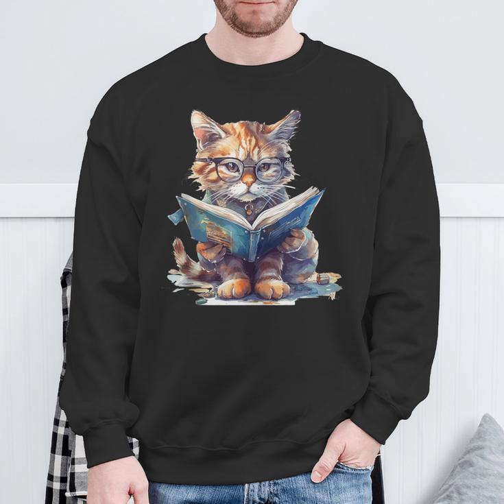 Cute Cat Wearing Glasses Reading a Book Sweatshirt Gifts for Old Men