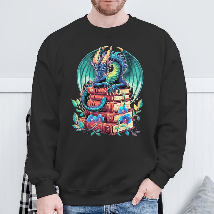 Cute Dragon Books Flower Bookworm Book Lover Sweatshirt Gifts for Old Men