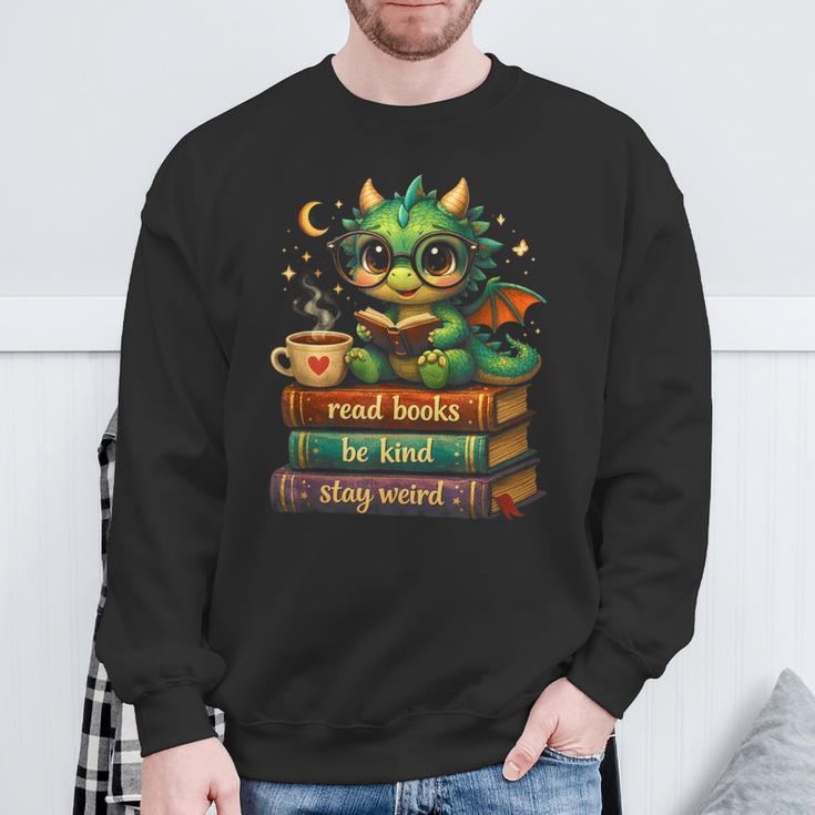 Cute Dragon Read Books Be Kind Stay Weird Fantasy Lovers Sweatshirt Gifts for Old Men