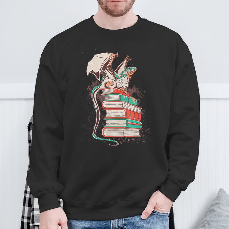 Cute Dragon Reading Cat Books Dragon Sweatshirt Gifts for Old Men