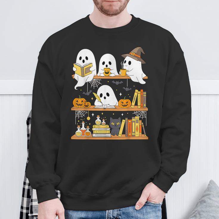 Cute Halloween Ghost Bookshelf Cat Book Lover Sweatshirt Gifts for Old Men