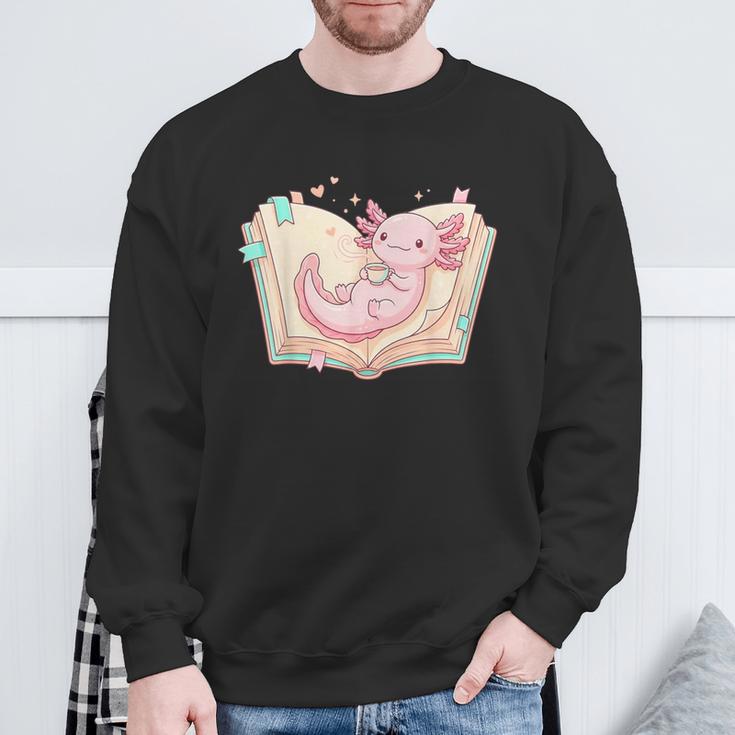 Cute Kawaii Axolotl Book Tea Lover Women Reading Cozy Art Sweatshirt Gifts for Old Men