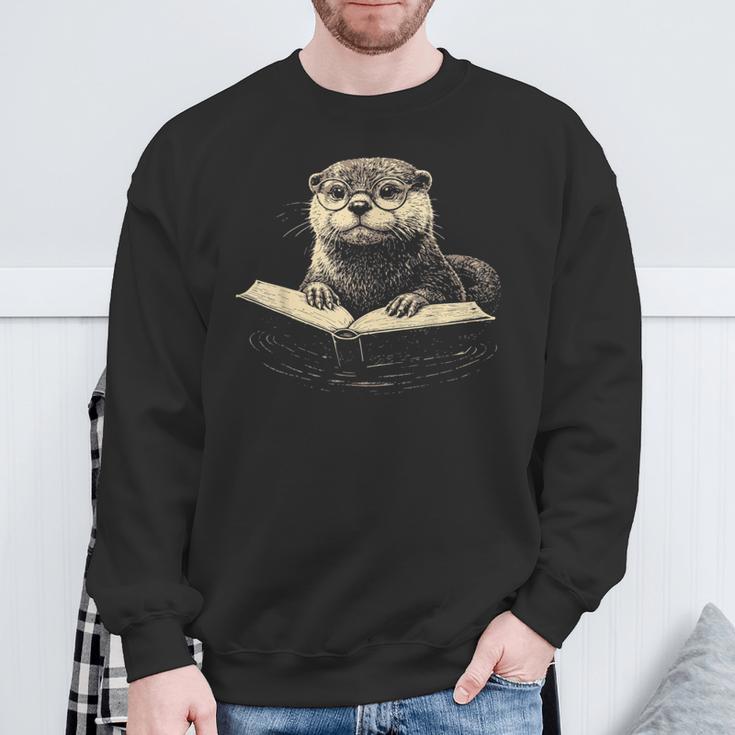 Cute Otter Wearing Glasses Reading Book Librarian Teacher Sweatshirt Gifts for Old Men