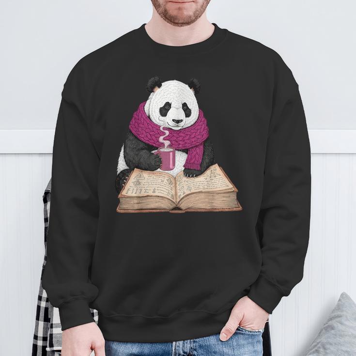 Cute Panda With Book And Hot Cocoa Reading Sweatshirt Gifts for Old Men