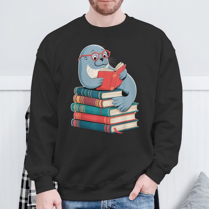 Cute Reading Seal On Books Book Lover Sweatshirt Gifts for Old Men