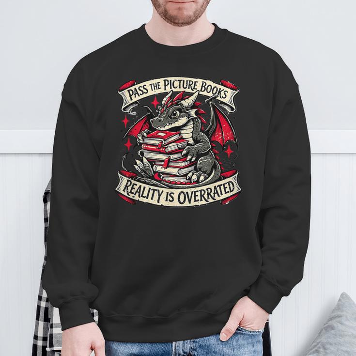 Dragon Reading Books Reality Overrated Reader Book Sweatshirt Gifts for Old Men