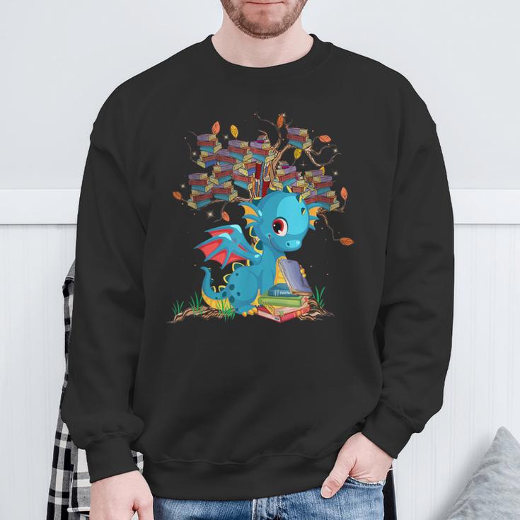 Dragon With Tree Books Cute Dragon Read Books Sweatshirt Gifts for Old Men