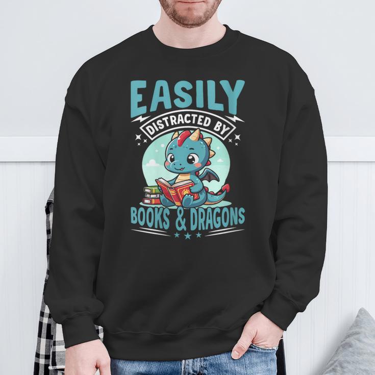 Easily Distracted By Books And Dragons Nerds Sweatshirt Gifts for Old Men