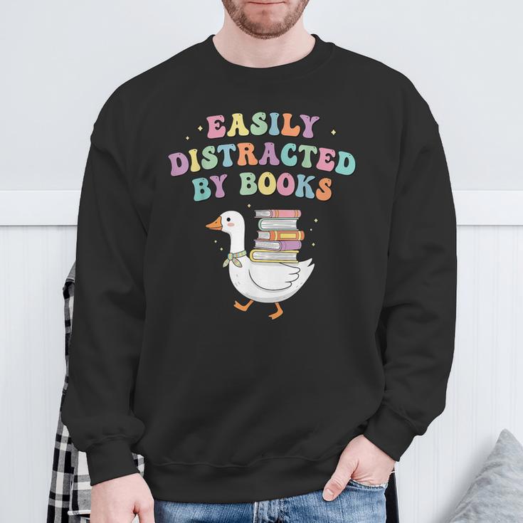 Easily Distracted By Books Silly-Goose Bookish Library Read Sweatshirt Gifts for Old Men