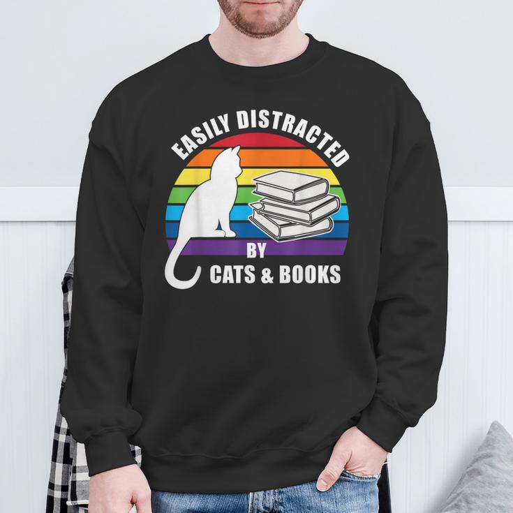 Easily Distracted By Cats And Books – Retro Sunset Rainbow Sweatshirt Gifts for Old Men