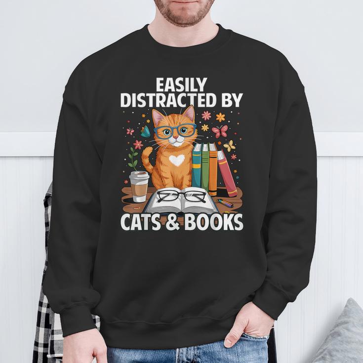 Easily Distracted By Cats And Books Book Lover Cat Sweatshirt Gifts for Old Men