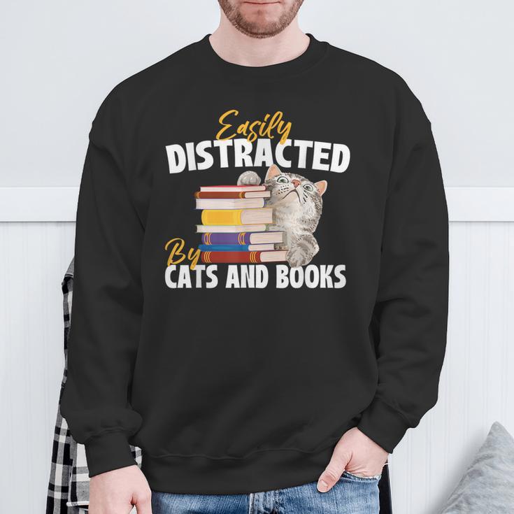 Easily Distracted By Cats And Books Bookworm Pet Lover Sweatshirt Gifts for Old Men