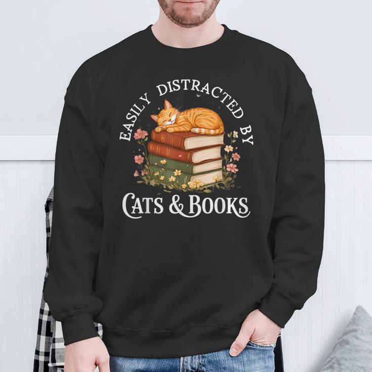 Easily Distracted By Cats And Books Cat And Book Lover Sweatshirt Gifts for Old Men