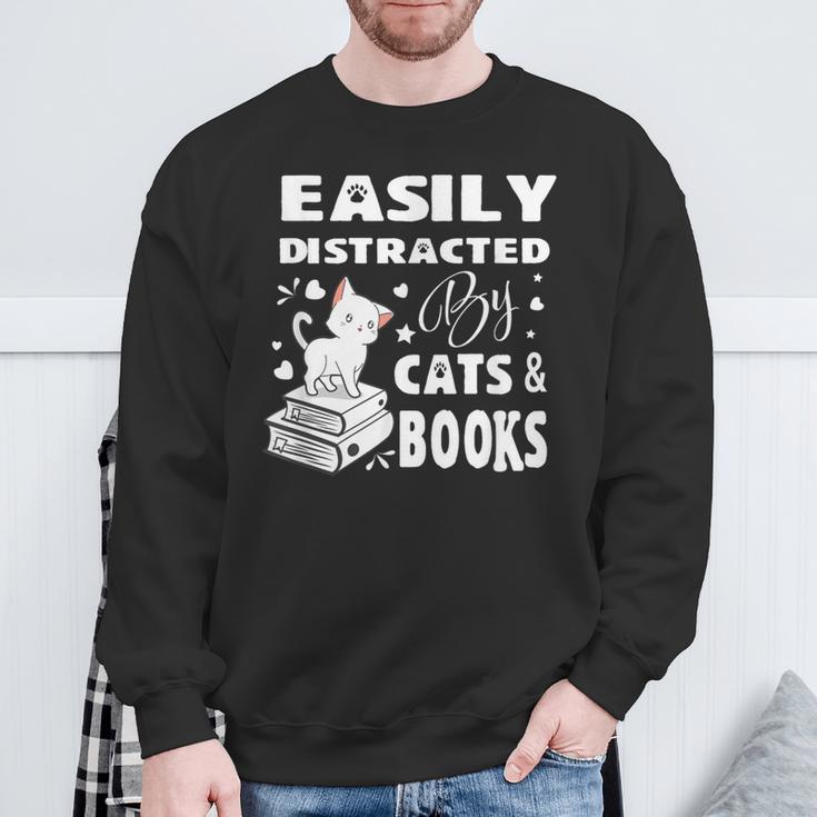 Easily Distracted By Cats And Books Books Cat Book Lover Sweatshirt Gifts for Old Men