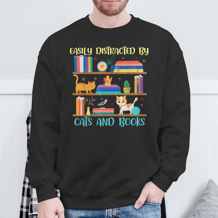 Easily Distracted By Cats And Books Cat Book Lovers Bookworm Sweatshirt Gifts for Old Men