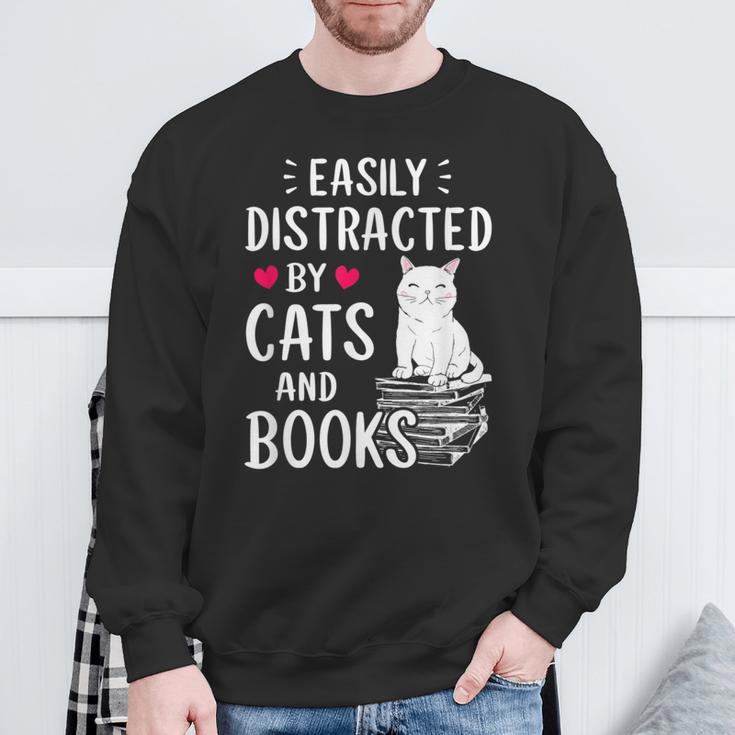 Easily Distracted By Cats And Books Cat Lover Sweatshirt Gifts for Old Men