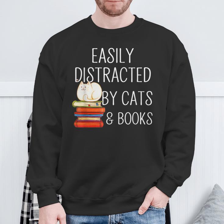 Easily Distracted By Cats And Books Cute Book Lover Sweatshirt Gifts for Old Men