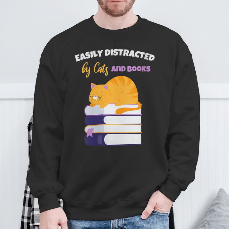 Easily Distracted Cats And Books Cute Cat Book Lover Sweatshirt Gifts for Old Men