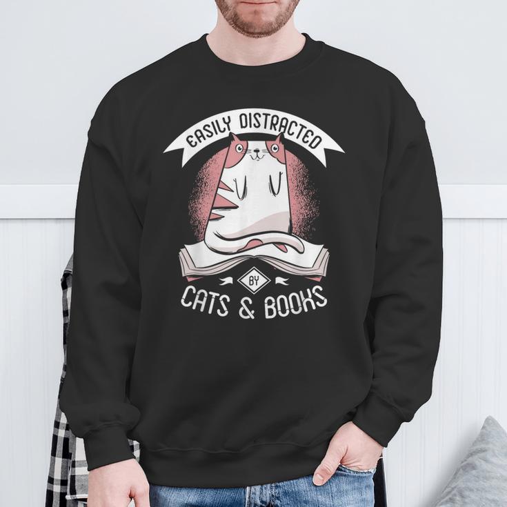 Easily Distracted By Cats And Books Men Cat Book Lover Sweatshirt Gifts for Old Men